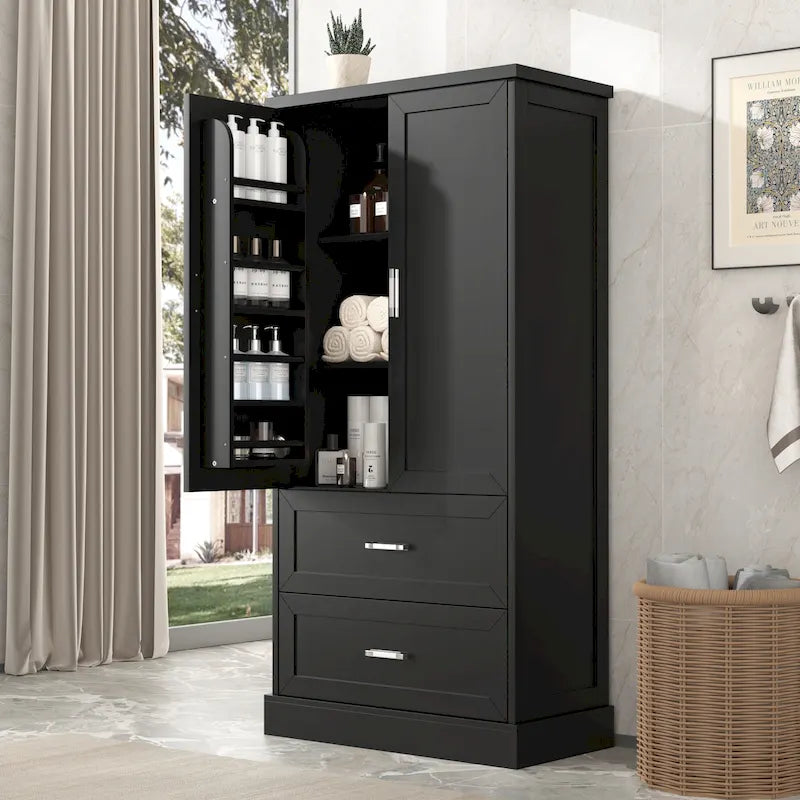 Armoire de rangement haute pour salle de bain, meuble à deux portes et tiroirs, étagère réglable, panneau en MDF-17