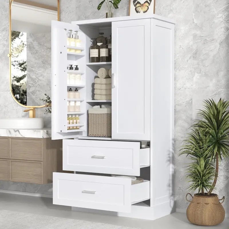 Armoire de rangement haute pour salle de bain, meuble à deux portes et tiroirs, étagère réglable, panneau en MDF-18