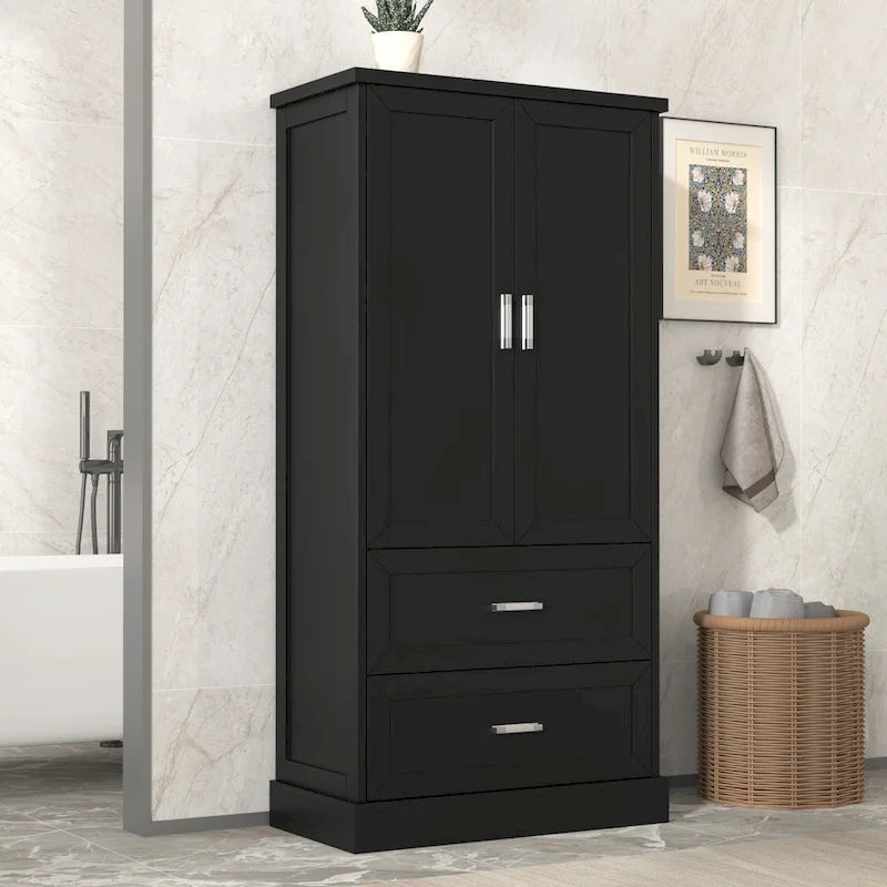 Armoire de rangement haute pour salle de bain, meuble à deux portes et tiroirs, étagère réglable, panneau en MDF-3
