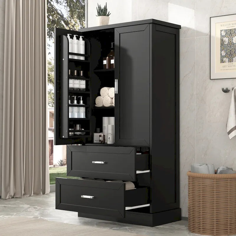 Armoire de rangement haute pour salle de bain, meuble à deux portes et tiroirs, étagère réglable, panneau en MDF-7