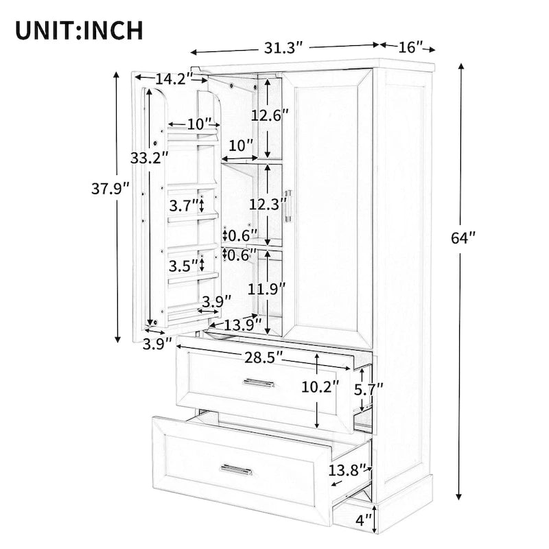 Armoire de rangement haute pour salle de bain, meuble à deux portes et tiroirs, étagère réglable, panneau en MDF-8