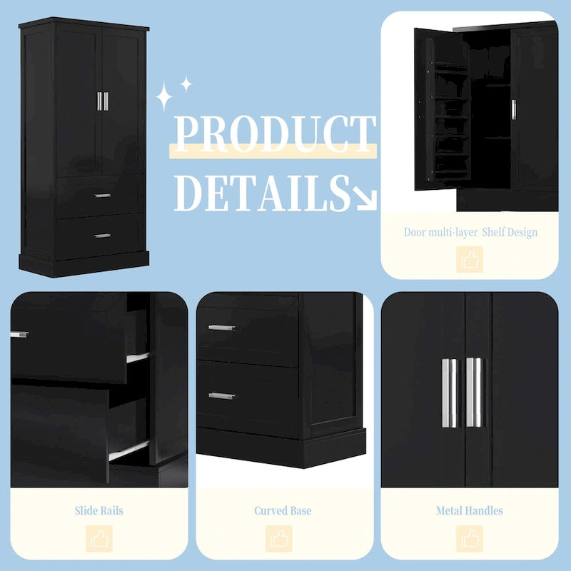 Armoire de rangement haute pour salle de bain, meuble à deux portes et tiroirs, étagère réglable, panneau en MDF-9
