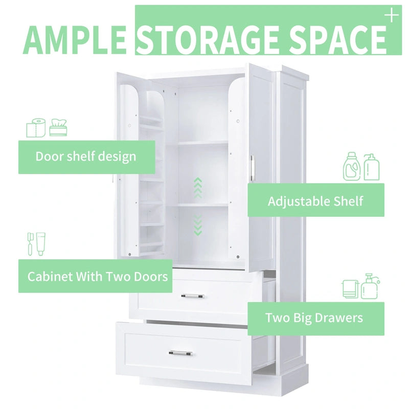 Armoire de rangement haute pour salle de bain, meuble à deux portes et tiroirs, étagère réglable, panneau en MDF-11