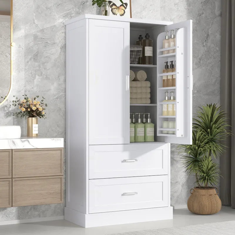 Armoire de rangement haute pour salle de bain, meuble à deux portes et tiroirs, étagère réglable, panneau en MDF-13