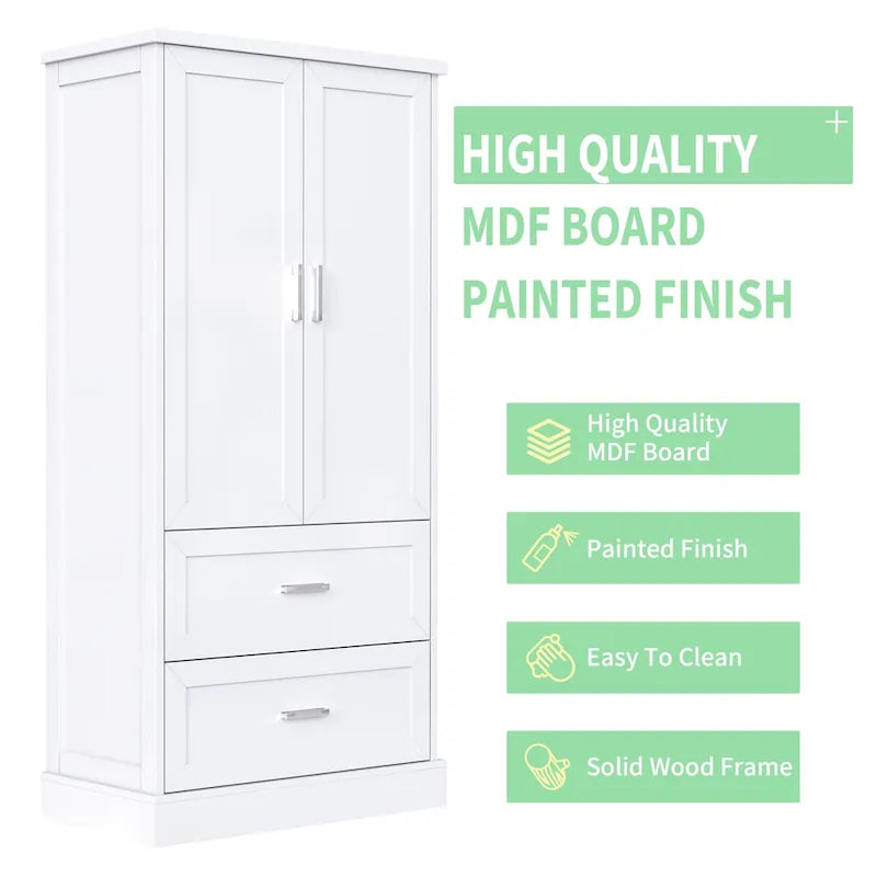 Armoire de rangement haute pour salle de bain, meuble à deux portes et tiroirs, étagère réglable, panneau en MDF-14