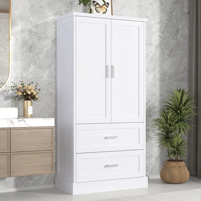 Armoire de rangement haute pour salle de bain, meuble à deux portes et tiroirs, étagère réglable, panneau en MDF-15